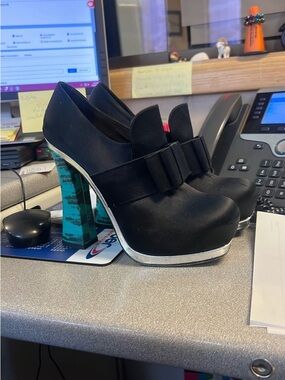 Miu Miu Black Platform Heels with Teal Patterned Block Heel